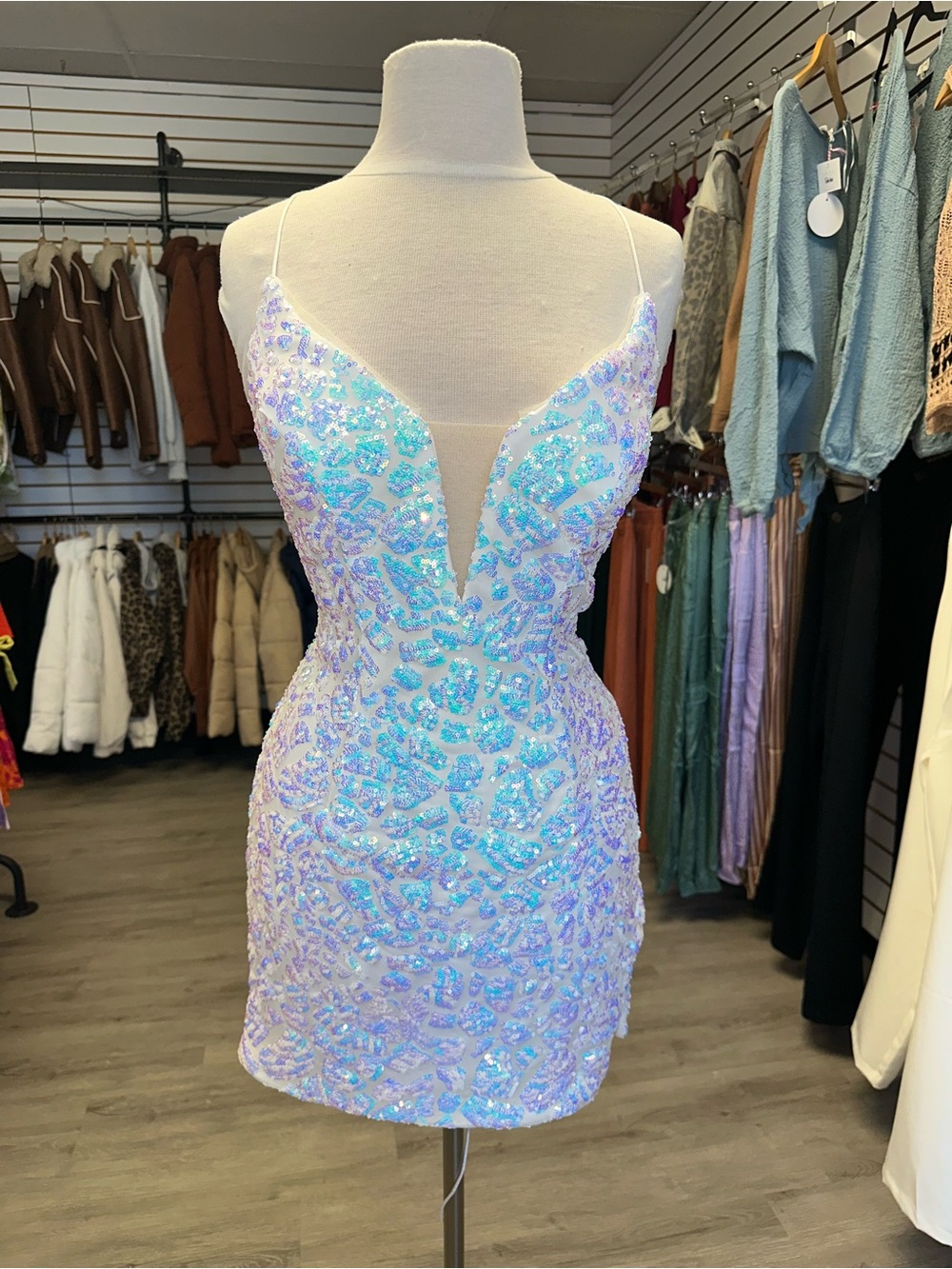 Nox Anabel Iridescent Sequin Plunge Mini Dress - White/Pastel